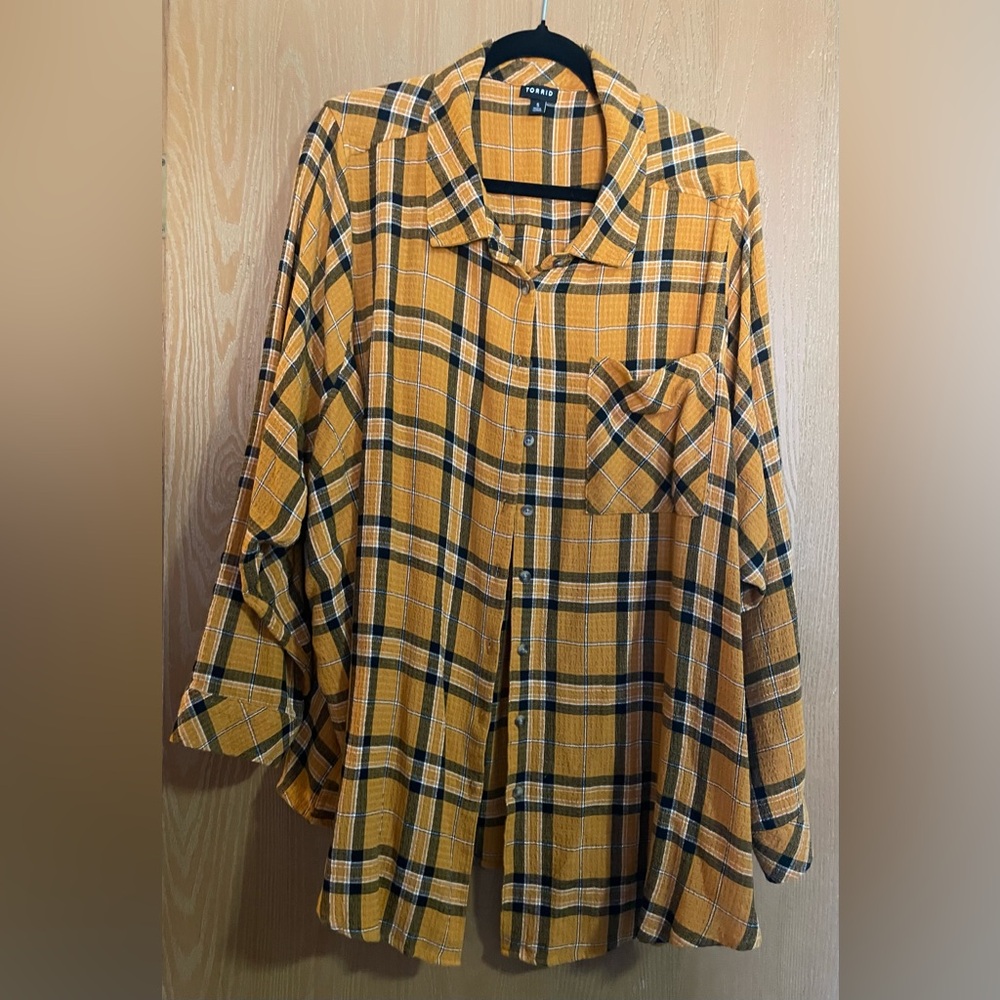 Ochre and black plaid button down shirt Torrid plus size 5X